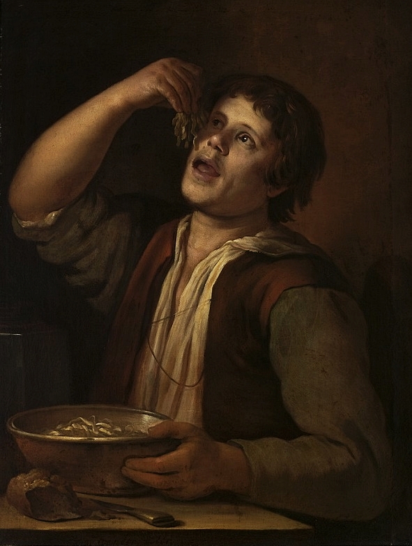 ▲네덜란드 황금기의 화가 얀 베르미어 반 우트레흐트(Vermeer van Utrecht, 1630~1696)의 작품 '국수를 먹는 남자'(바르샤바 국립박물관 소장). 사진 출처=https://en.wikipedia.org/wiki/Noodle