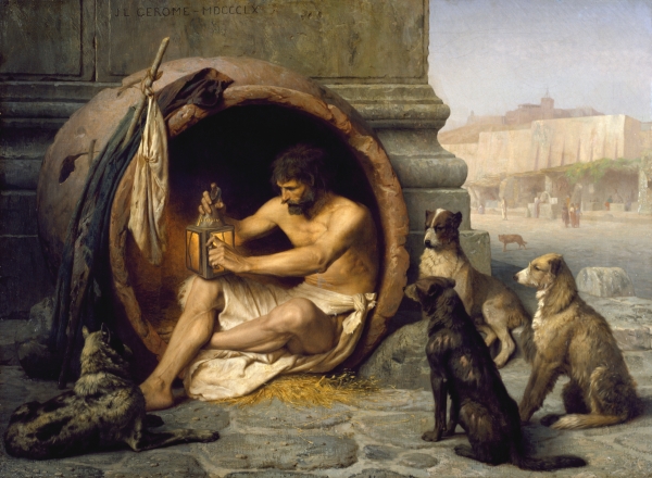 디오게네스를 아리스토텔레스가 멸시하여 부른 별명은 ‘개’. 디오게네스 자신은 그 별명을 도리어 즐기며 개를 자처하기도 했다.