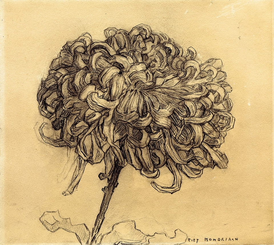 피터르 몬드리안, ‘국화’, 1908~1909년, 종이에 콩테, 25.4×28.6㎝, 뉴욕 솔로몬 R. 구겐하임 미술관 소장. 이름의 ‘a’자 두 개가 다 들어간 사인이다.
