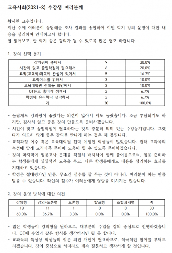 황지원 교수는 한 학기 강의를 운영하는 데 있어 학생들을 참여시켰다. 화면으로 보이는 강의안내서에는 학생들의 의견들이 종합적으로 반영됐다. 사진=황지원